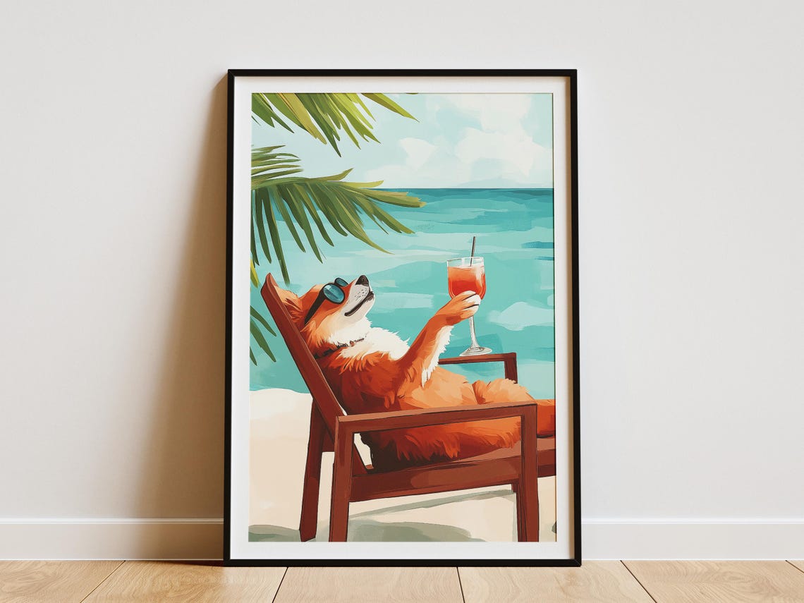 Pomeranian Beach Dog Poster Summer Vacation Dog Print Cute Puppy Art Orange Dog Coastal Animal Decor Funny Pet Poster Dog Lover Gift Modern