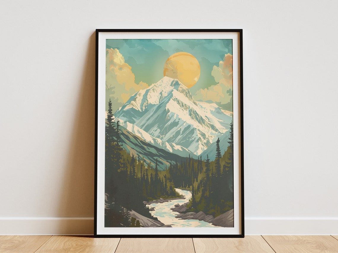 Denali National Park Snow Peak Moon River Vintage Travel Poster