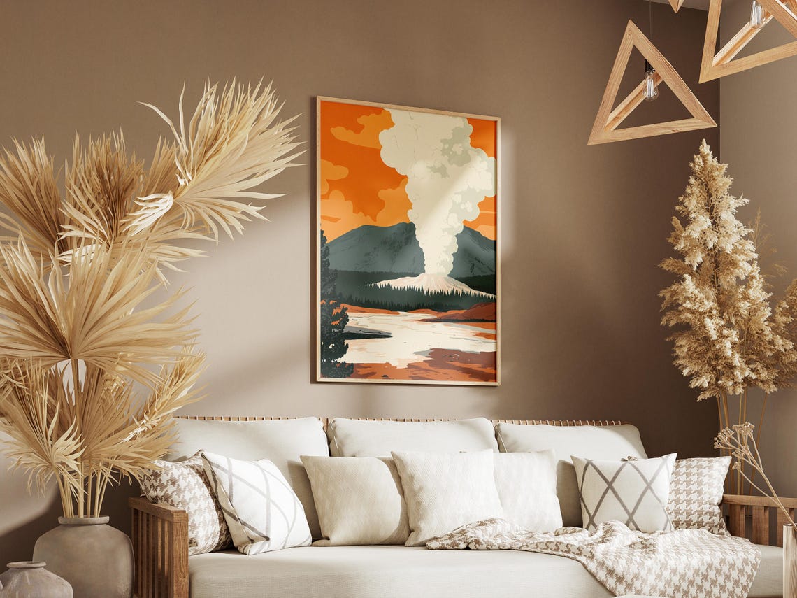 Valley Of Geysers Russia Federation Flat Illustration Poster Print Vintage Travel Russian Landscape Art Geyser Eruption Nature - Image 3
