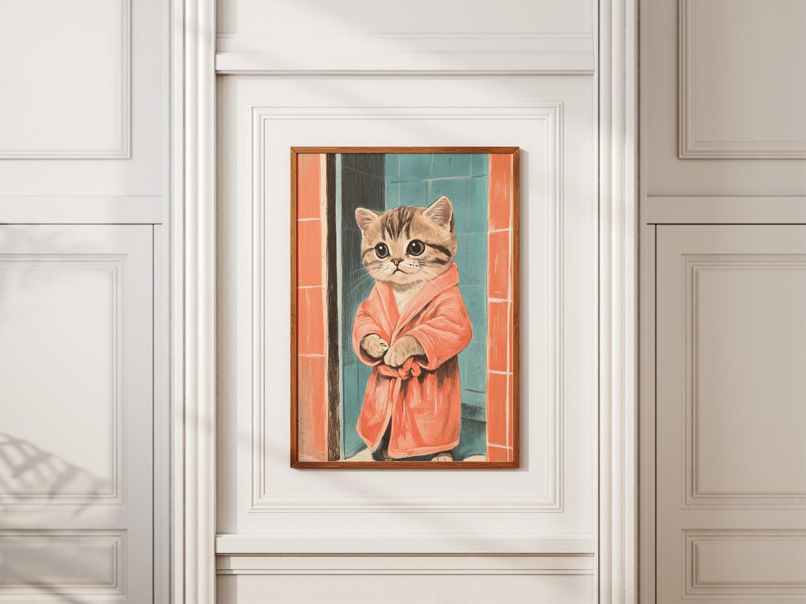 Scottish Fold Kitten In Bathrobe Poster Cute Art Print Bathroom Wall Decor Cat Lover Gift Pet Portrait Funny Animal - Image 2
