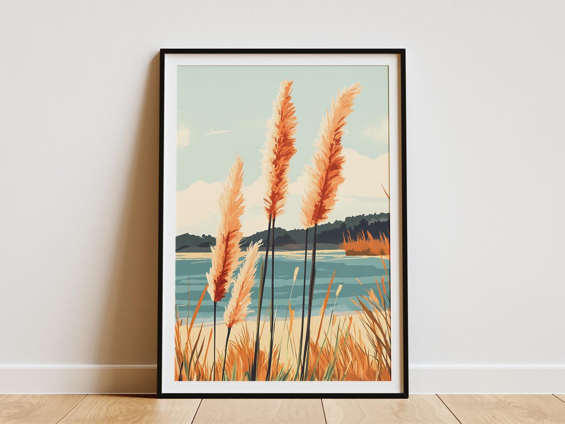 Tall Coral Pampas Plumes Above A Teal Bay Beach Landscape Poster