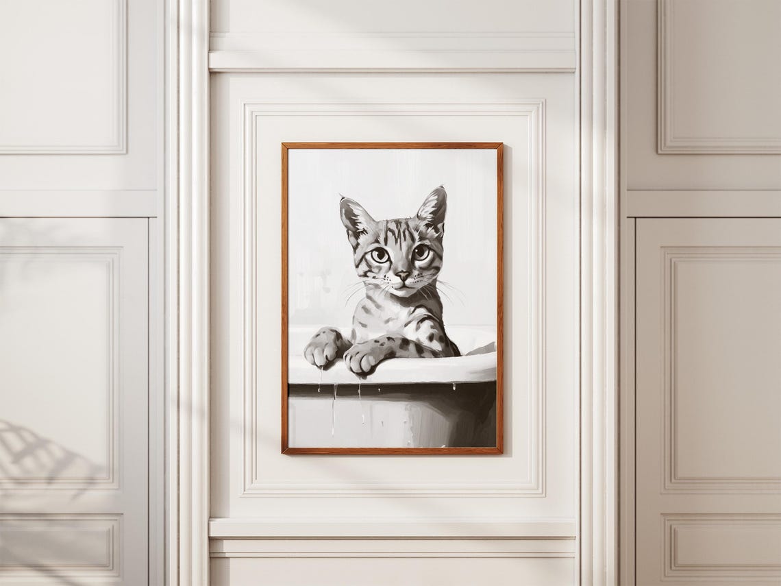 Wide-Eyed Spotted Cat Bubble Bath Exotic Minimalist Feline Poster - Image 2