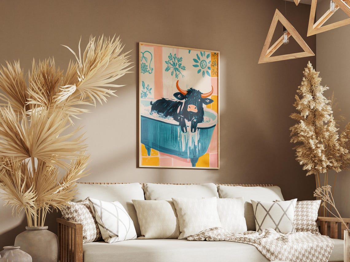 Whimsical Longhorn Cow In Blue Bubble Bath Floral Bathroom Poster - Image 3