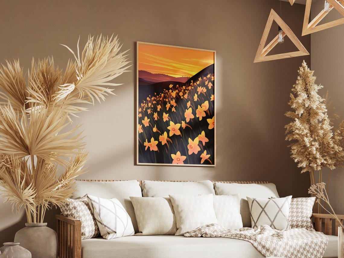 Golden Daffodil Hillside Sunset Landscape Spring Flower Poster - Image 3