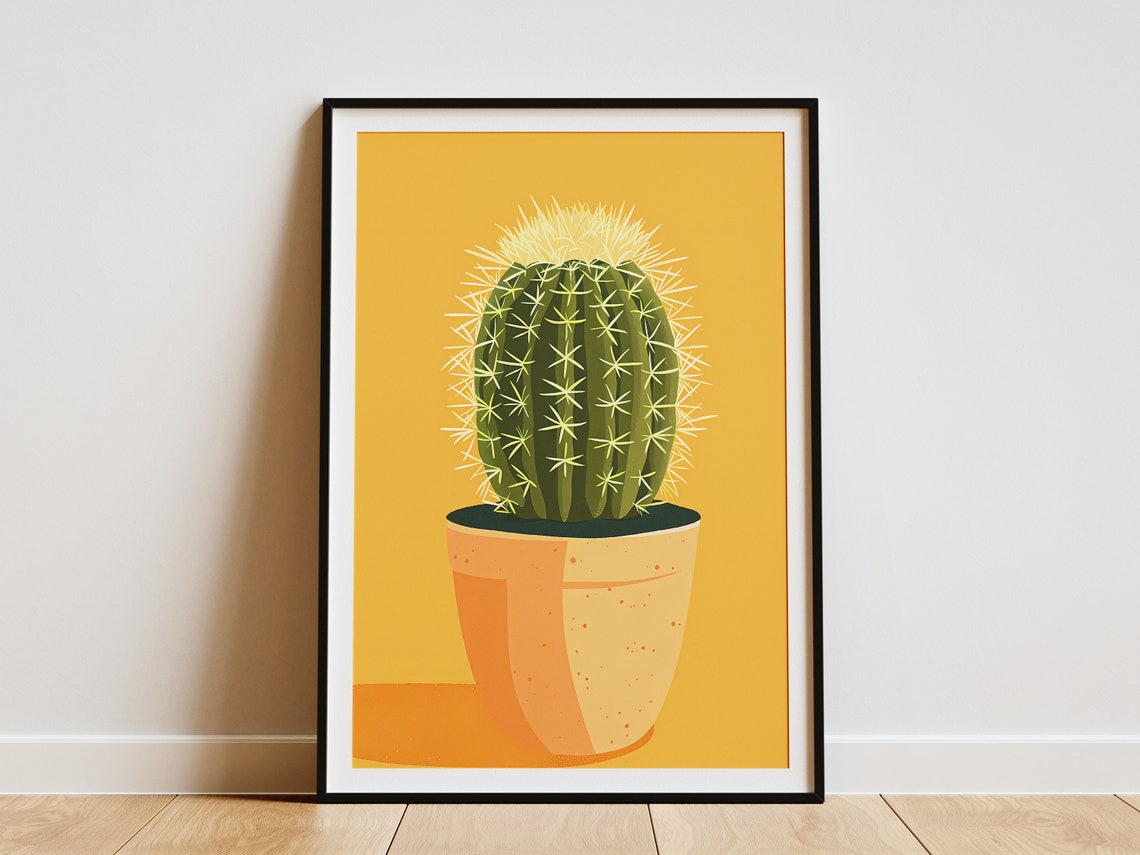 Potted Cactus Illustration Mustard Yellow Background Art Poster