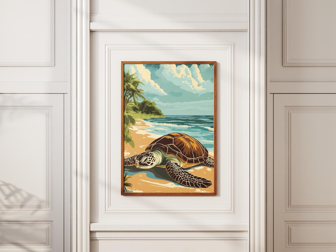 Sea Turtle Resting on a Golden Tropical Beach Illustration Poster - Image 2