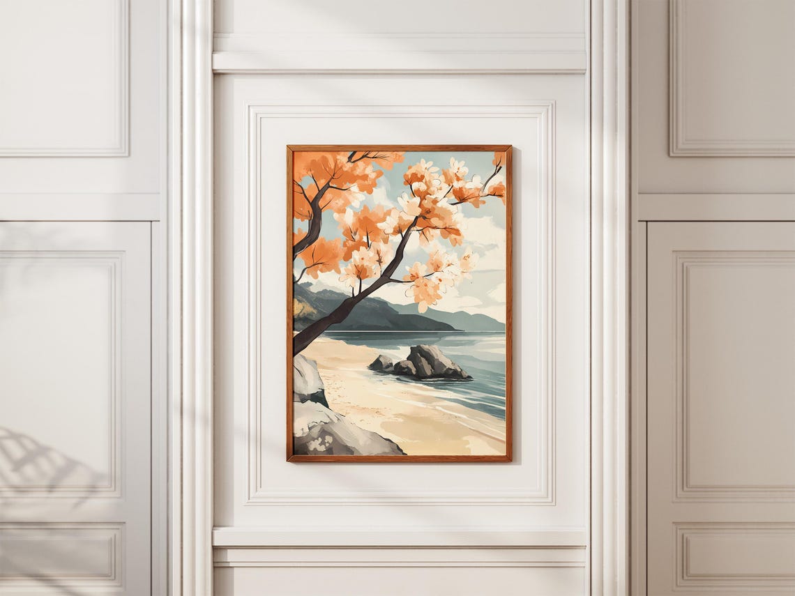 Blossom Tree Branch Over Sandy Lake Shore Dreamy Spring Poster - Image 2