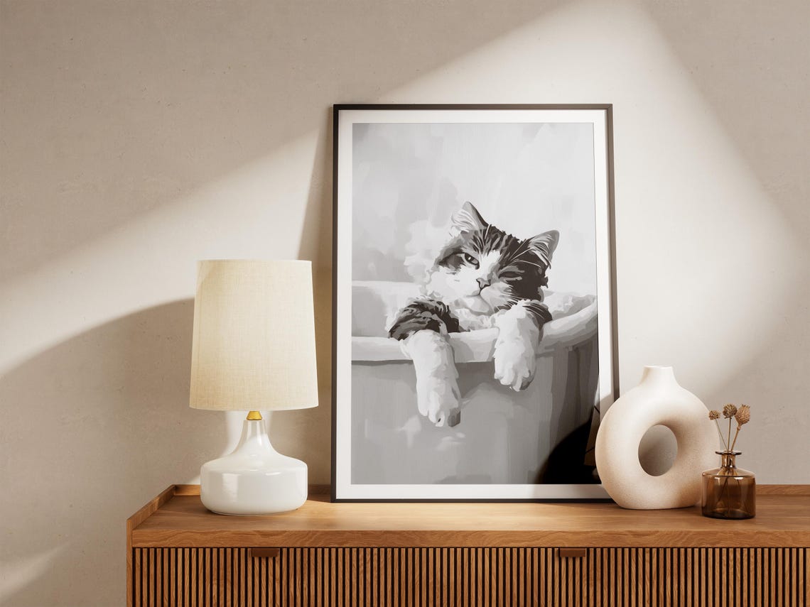 Sleepy Lounging Tabby Cat Bubble Bath Relaxed Minimalist Poster - Image 4