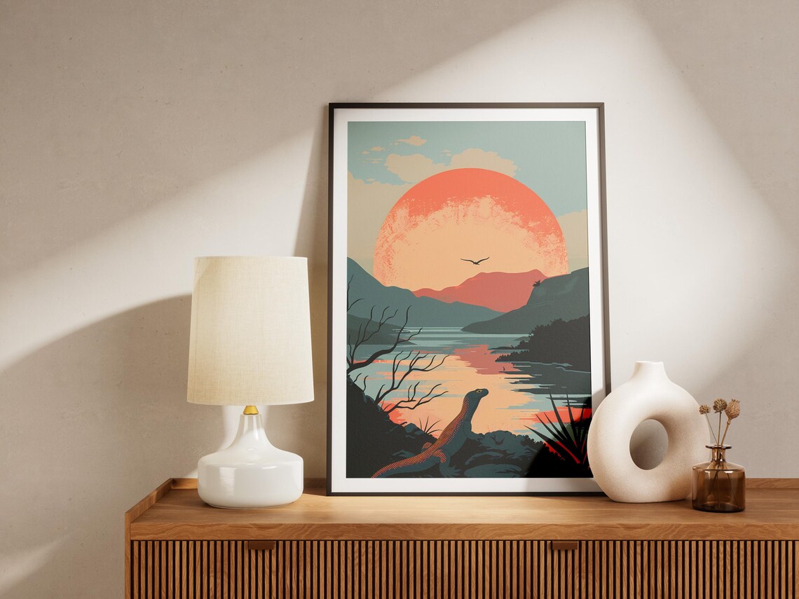 Komodo Dragon Indonesia Sunset National Park Wildlife Art Poster - Image 2