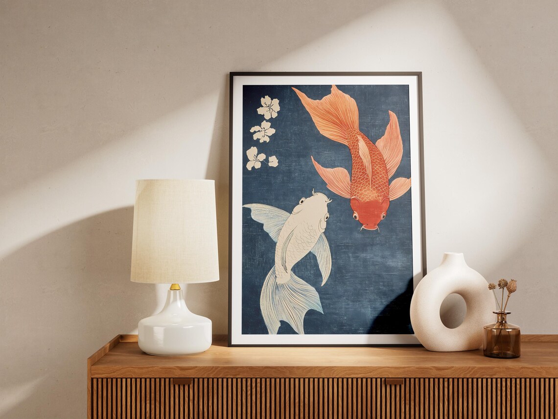 Red And White Koi Fish Indigo Blue Japanese Woodblock Poster - Image 5