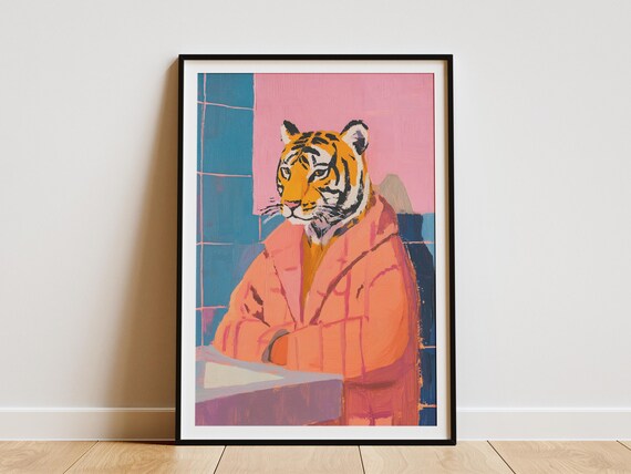 Tiger in Coral Bathrobe at Sink Pastel Pink Teal Bathroom Poster