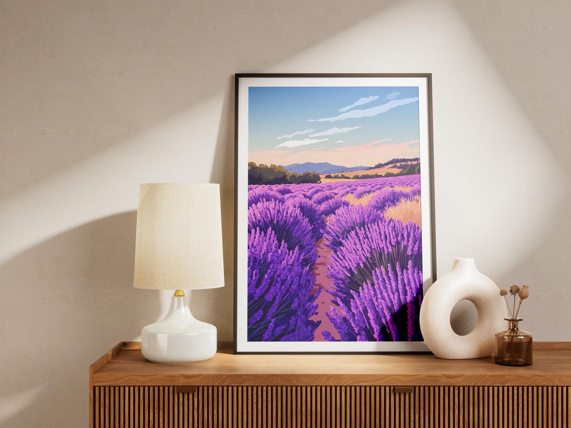Purple Lavender Field Rows At Dawn Calm Landscape Art Poster - Image 5