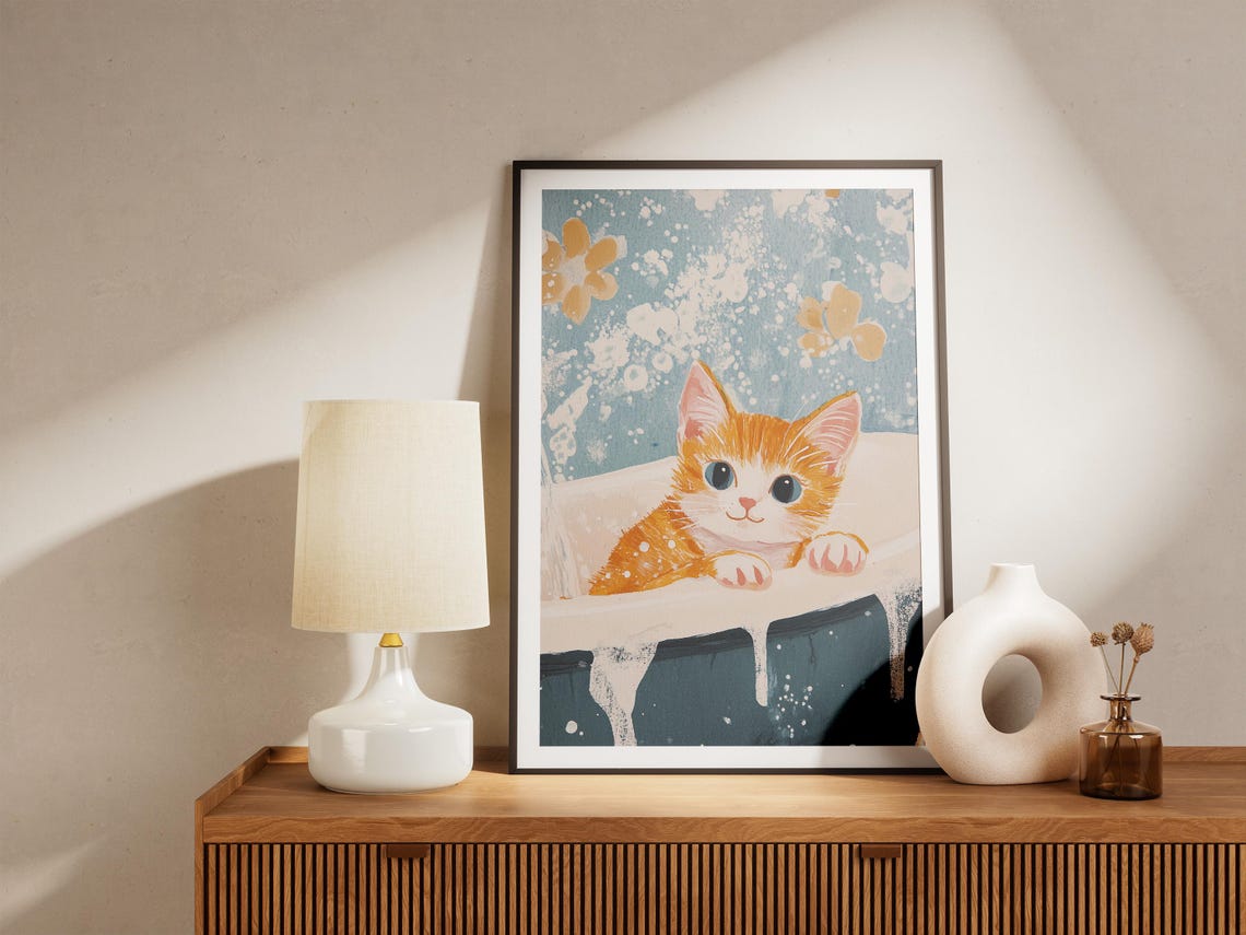 Orange Tabby Kitten Bubble Bath Floral Splash Cute Art Poster - Image 4