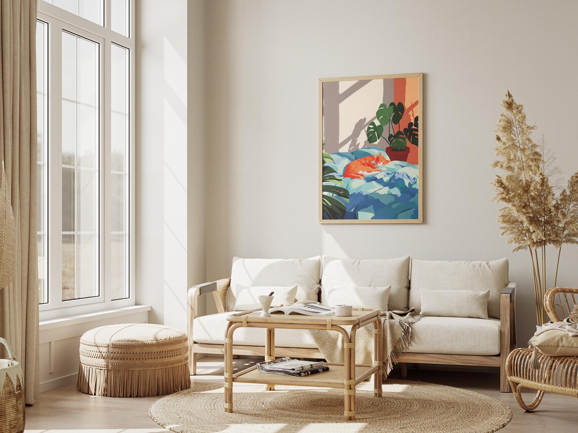 Sleeping Orange Cat Sunlit Bedroom Matisse Style Gouache Art Poster - Image 3