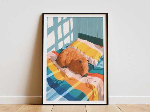 Capybara Sleeping in Cozy Bed Whimsical Colorful Animal Art Poster
