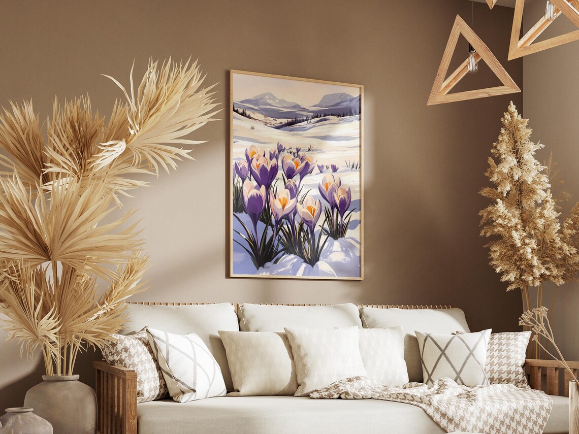 Close-Up Purple Crocus Blooms in Snow With Mountain Peaks Art Poster - Image 3