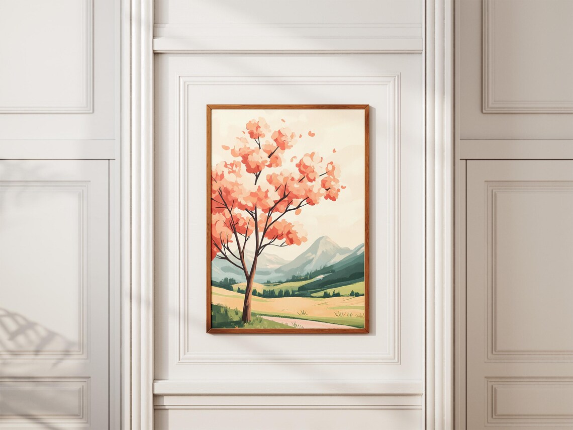 Coral Blossom Tree Standing in a Green Mountain Meadow Poster - Image 2