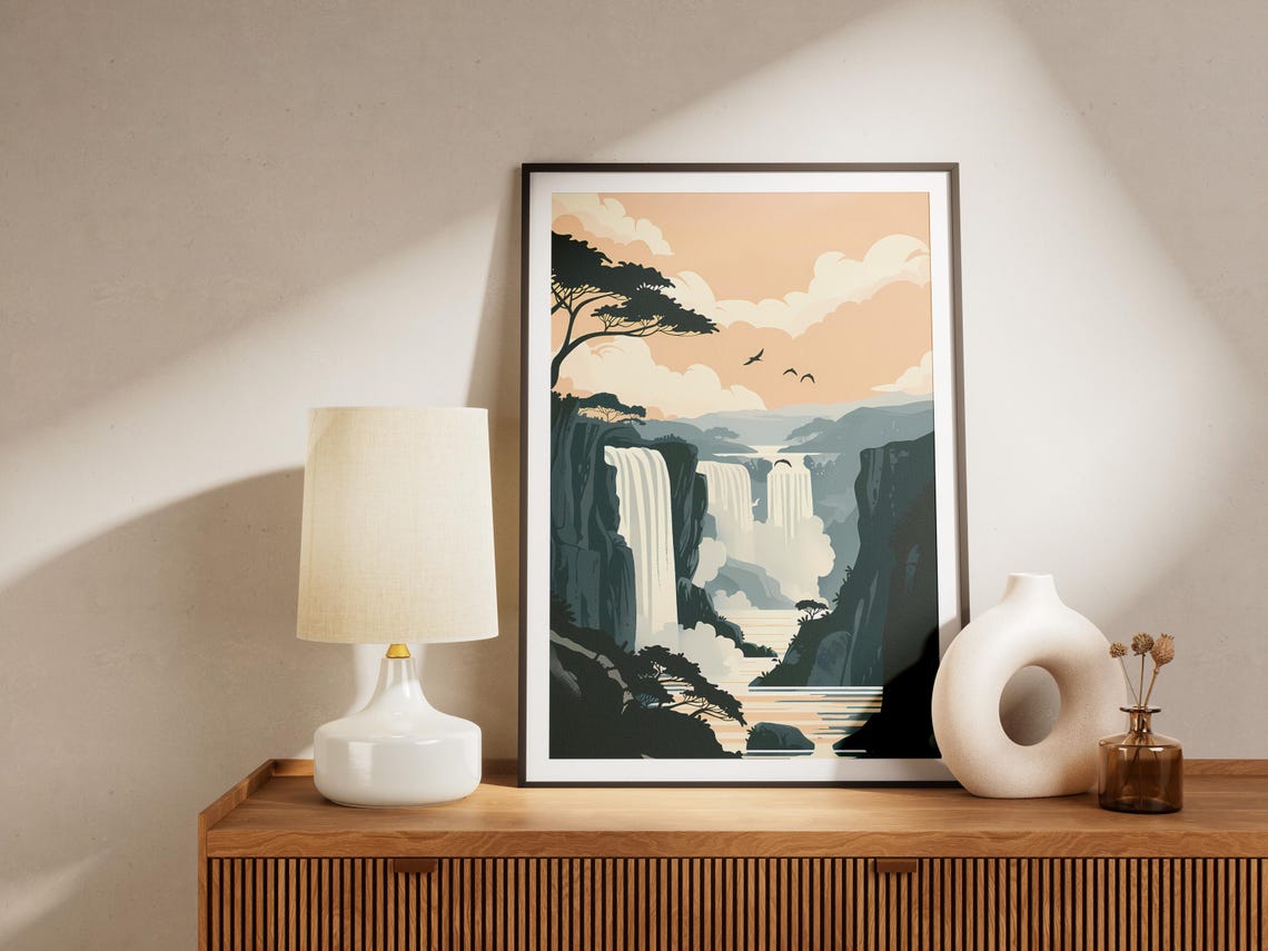 Victoria Falls Minimalist Waterfall Gorge Sunset Travel Poster - Image 2