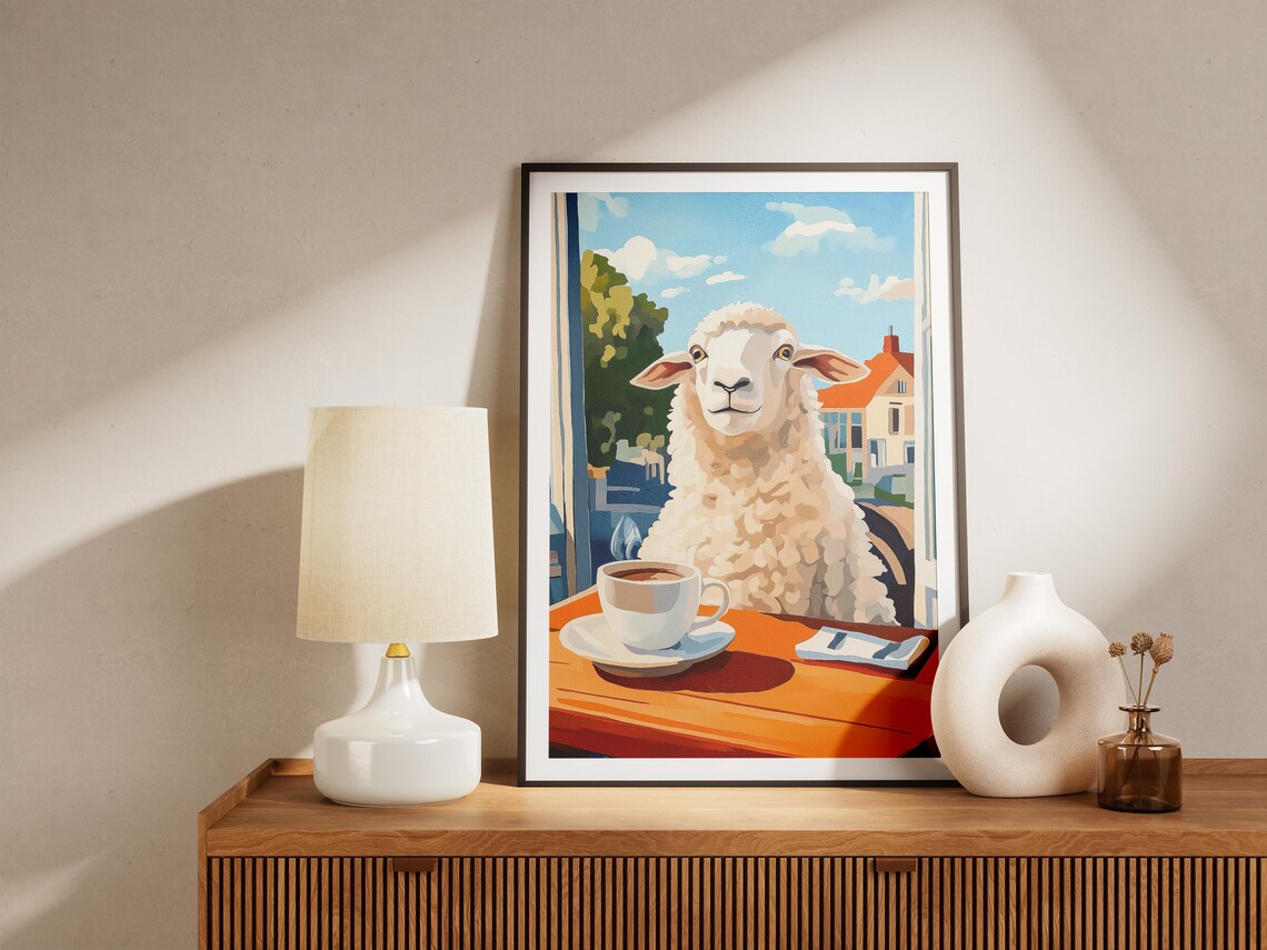 Woolly Sheep Enjoying Coffee At An Orange Cafe Table Scene Poster - Image 4