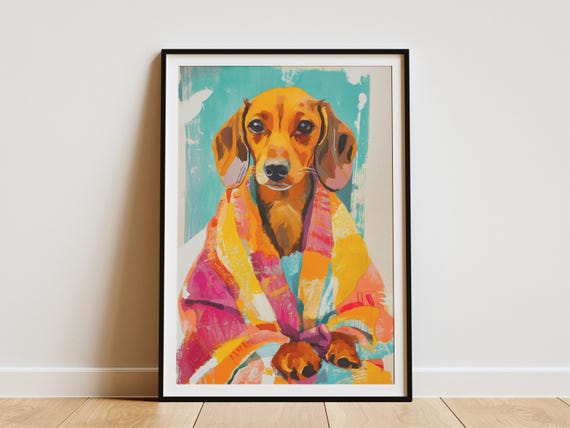 Baby Dachshund Puppy Dog Bathrobe Bath Time Art Print Cute Animal Poster Funny Lover Gift Playful Pet Wall Bathroom Decor Unique