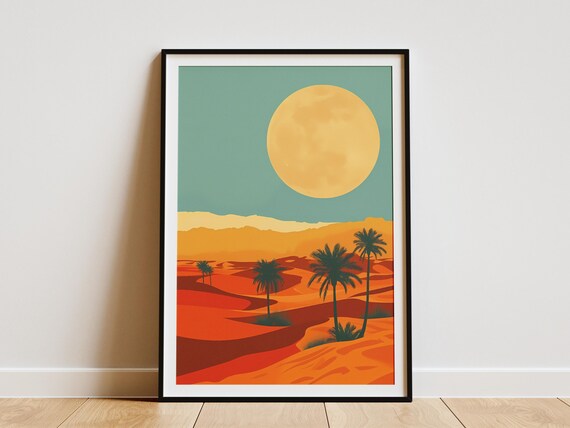 Minimalist Desert Landscape Poster Palm Tree Art Print Sahara Desert Wall Art Modern Home Decor Abstract Nature Illustration