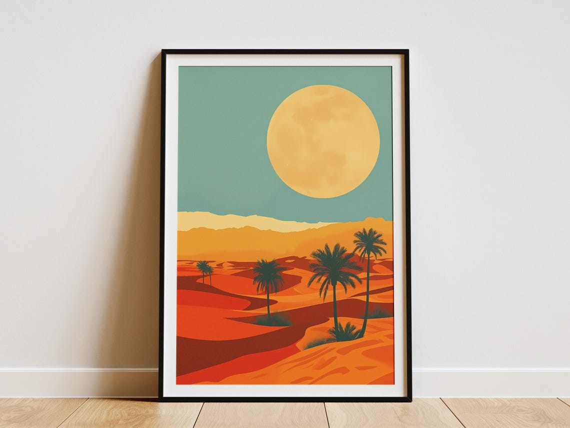 Sahara Desert Palms Giant Moon Minimalist Orange Landscape Poster