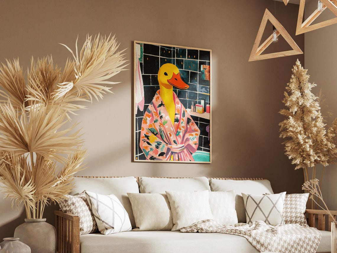 Yellow Duck in Floral Bathrobe Black Tile Bathroom Funny Poster - Image 3