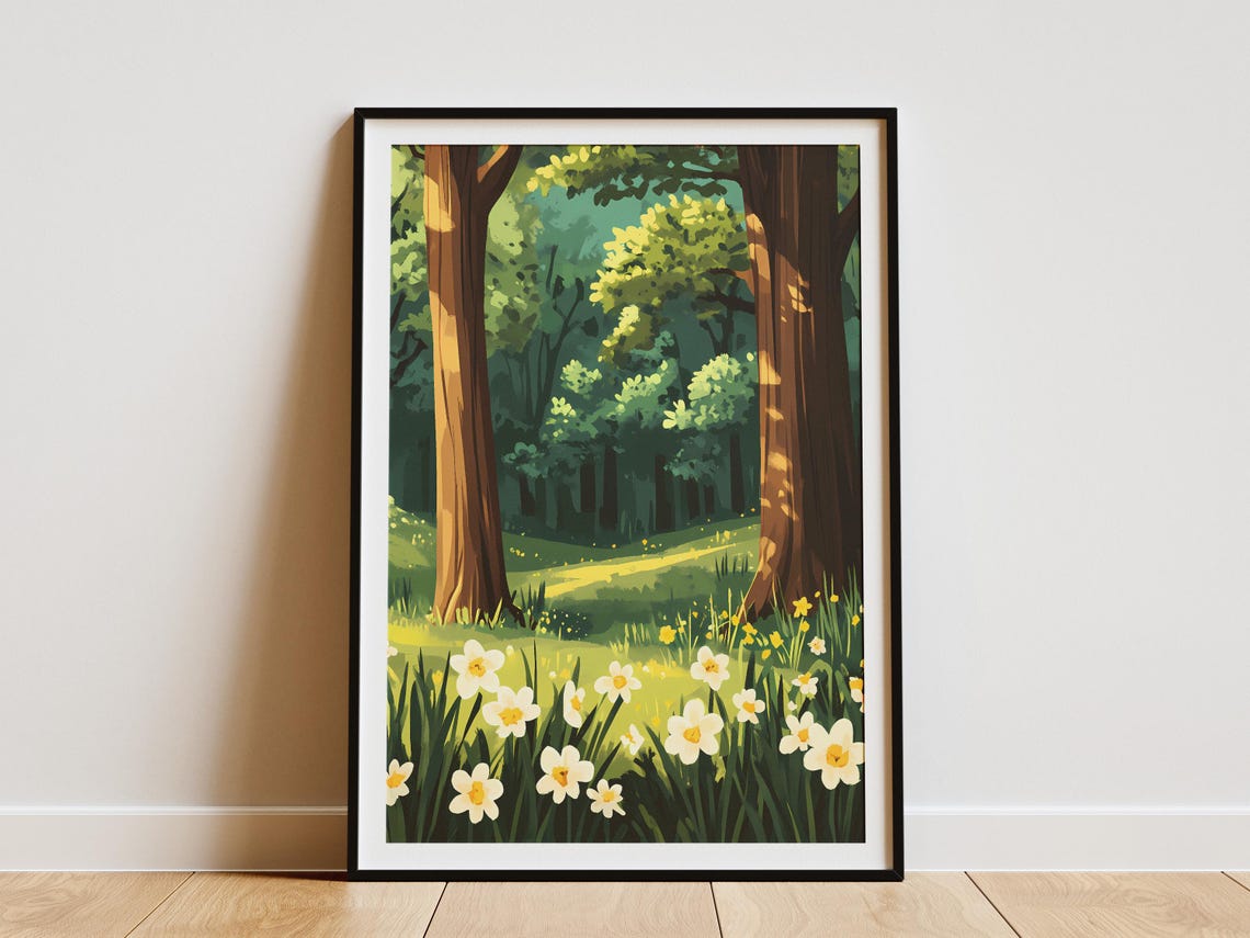 Sunlit Forest Glade With White Daffodils Poster Spring Trees