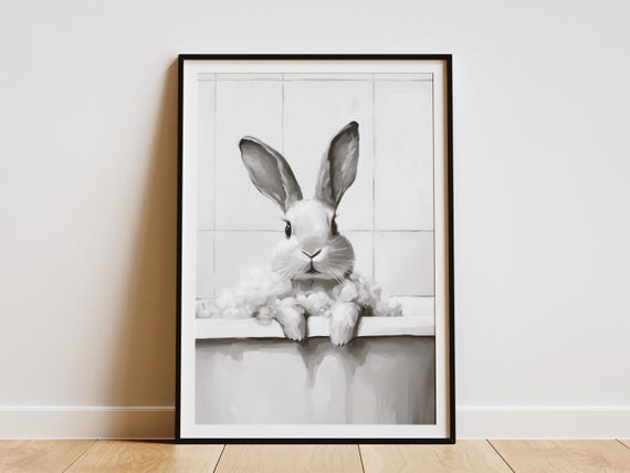 Rabbit In Bathtub Poster Bathroom Wall Art Bunny Bubble Bath Print Minimalist Animal Nursery Decor Cute Modern Home