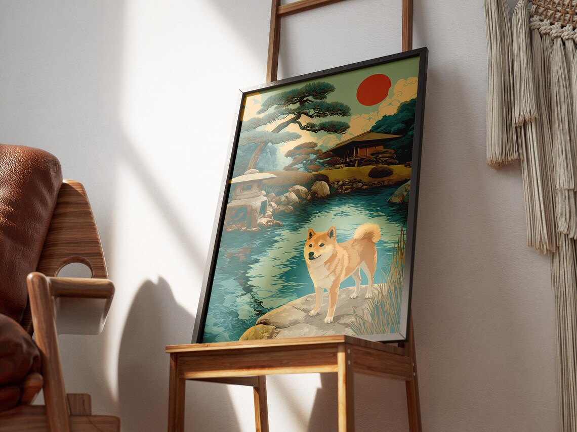 Shiba Inu Dog In Japanese Zen Garden With Pond Vintage Style Poster - Image 3