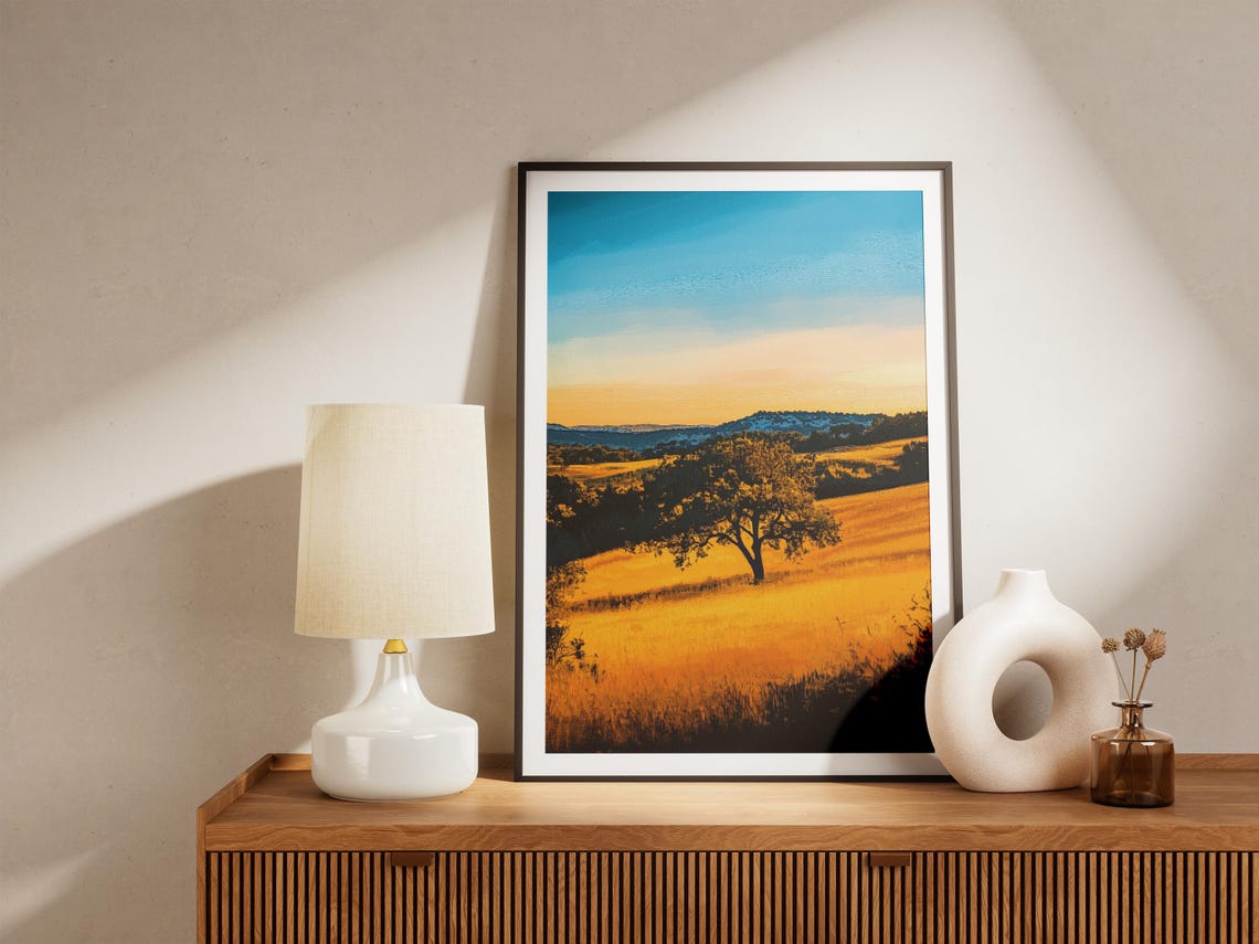 Lone Oak Tree On Golden Hillside Under Sunset Sky Scenic Poster - Image 4