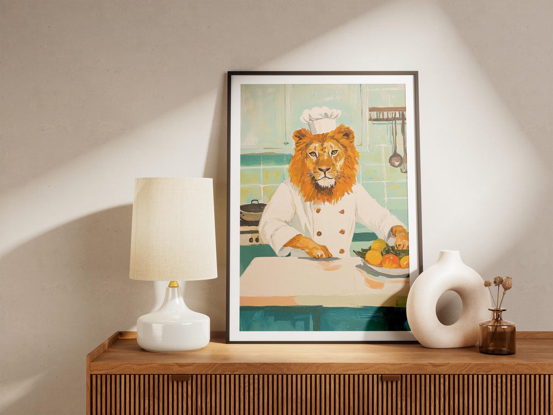 Lion Chef Slicing Citrus In Mint Green Kitchen Painterly Poster - Image 4