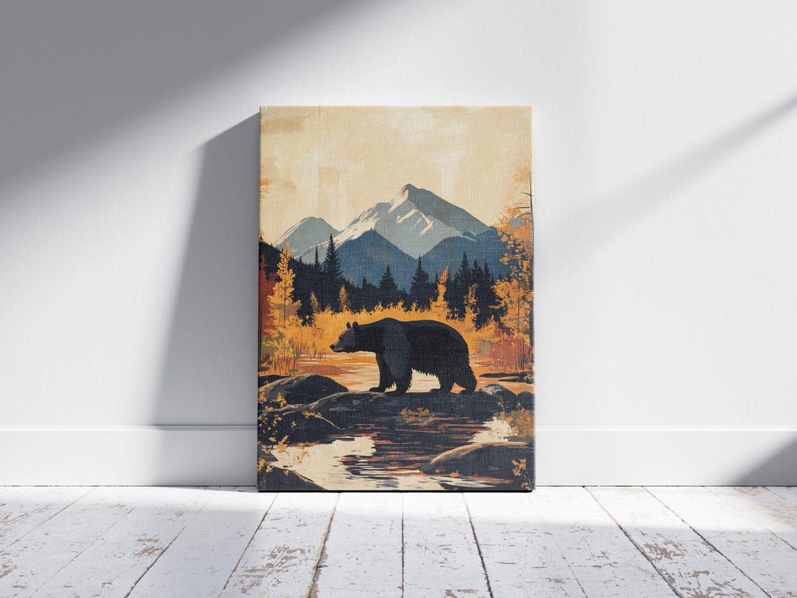 Black Bear Autumn River Snowy Mountain Fall Forest Wildlife Poster - Image 2