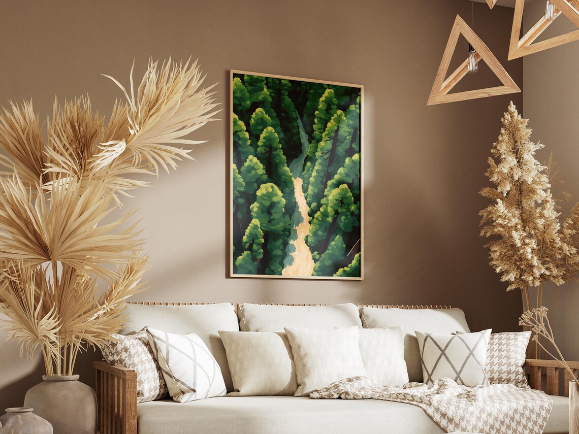 Aerial View of Redwood Forest Canopy and Winding Road Poster - Image 3