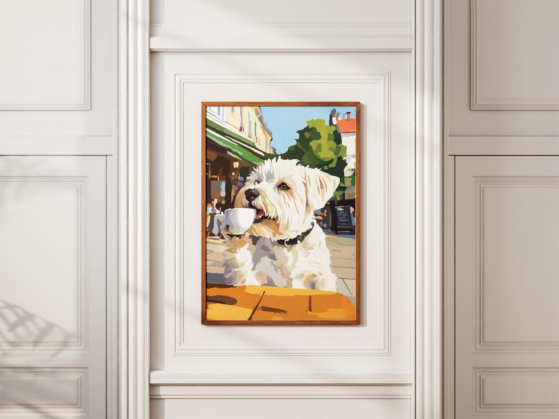West Highland Terrier With Coffee At A Sunny Cafe Terrace Poster - Image 2