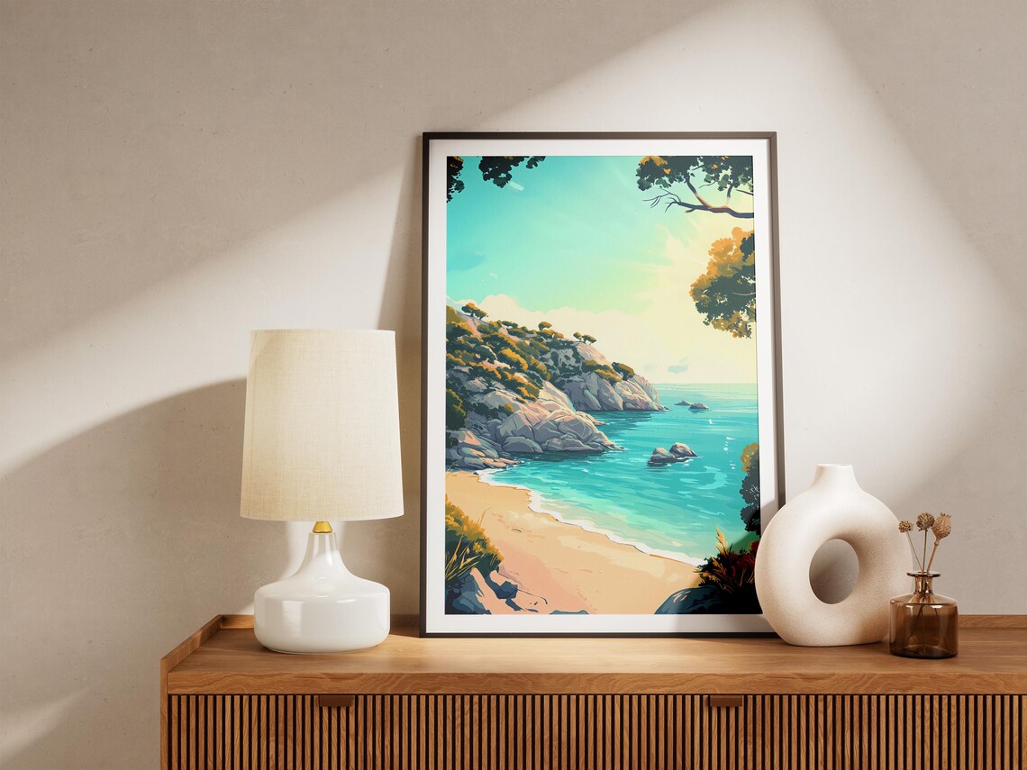 Rocky Beach Cove Turquoise Bay Golden Sun Illustration Poster - Image 5