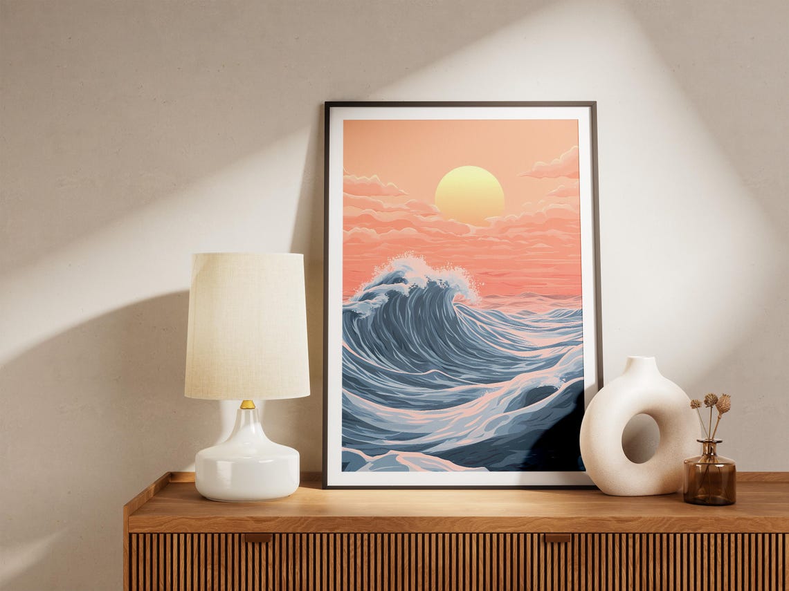Curling Blue Ocean Wave Beneath a Glowing Pink Sunset Sky Poster - Image 5