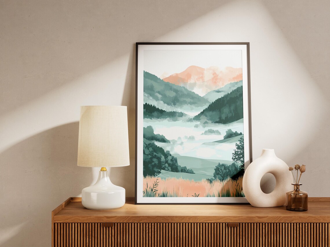 Misty Mountain Valley At Dawn Soft Watercolor Landscape Poster - Image 5