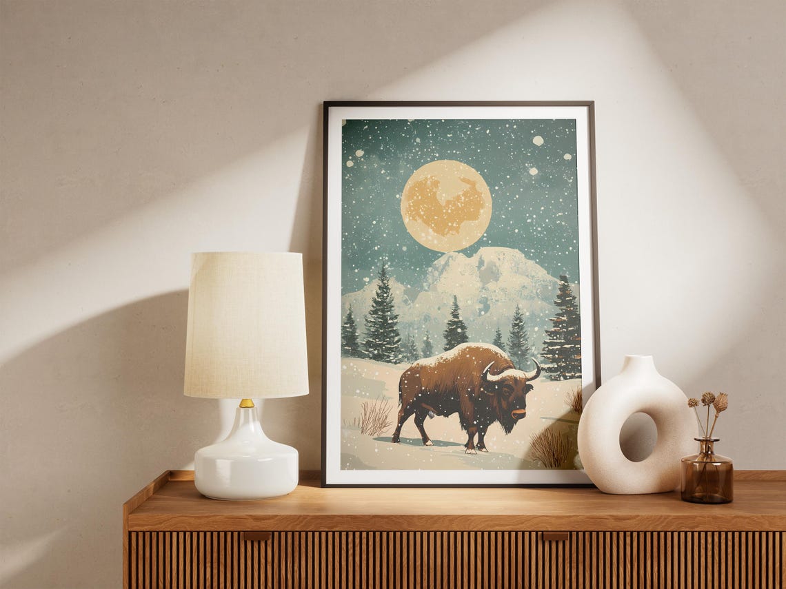 Christmas Buffalo Snow Prairie Vintage Festive Poster Print Winter Animal Art Snowy Landscape Holiday Decor Bovine Illustration Farmhouse - Image 5