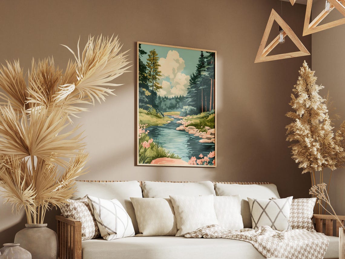 Wildflower-Lined Forest River Flowing Beneath Pine Trees Poster - Image 3