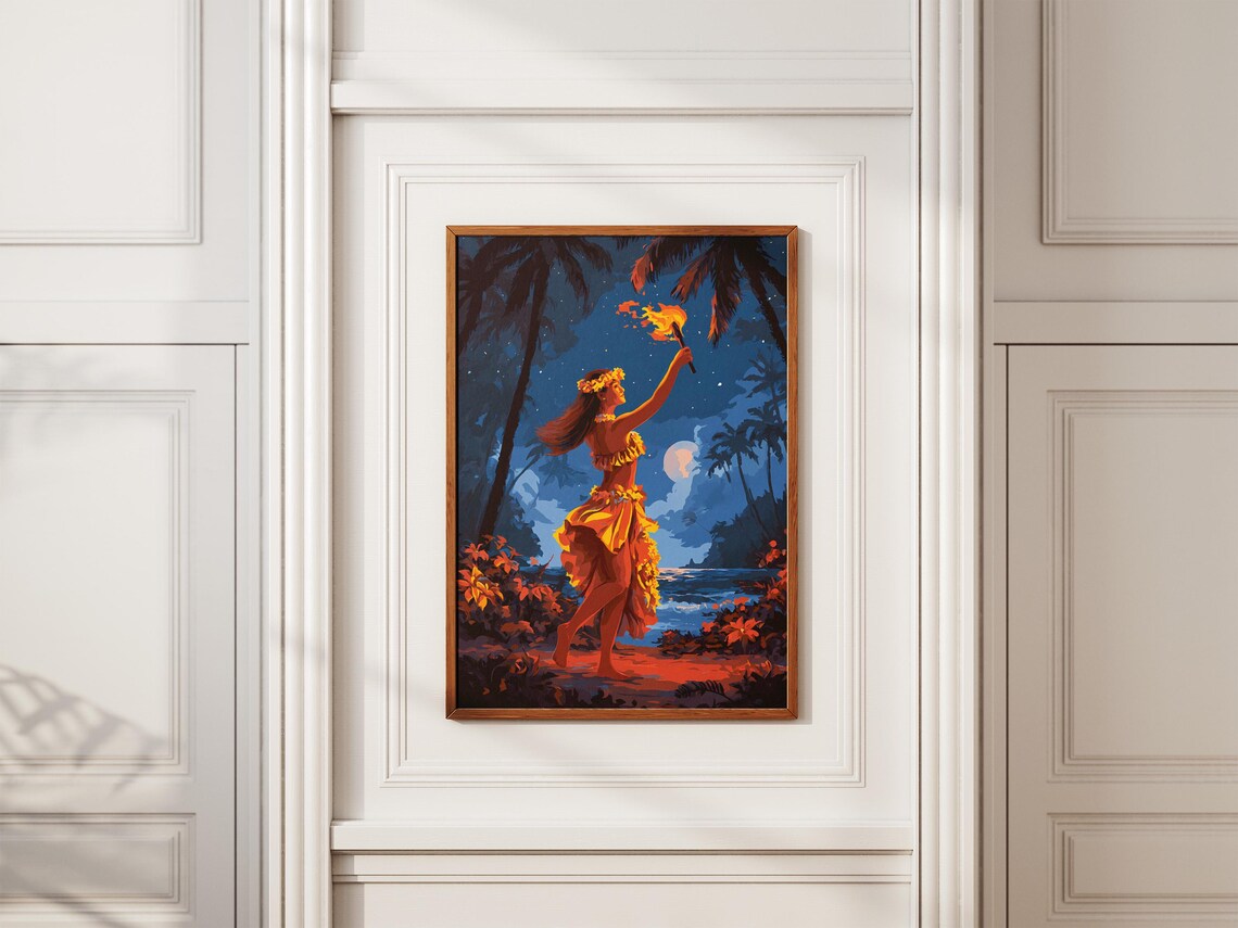 Fire Hula Dancer At Night Art Print, Hawaiian Torch - Image 2