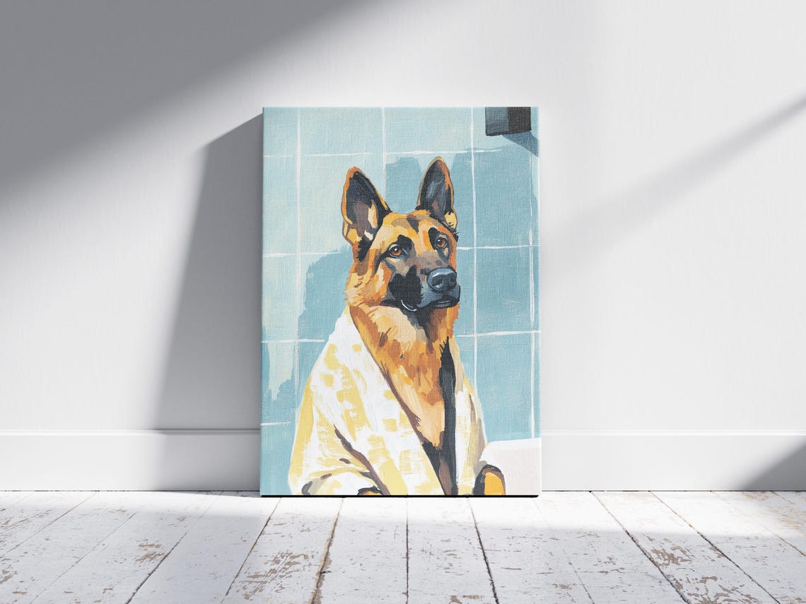 German Shepherd Wrapped in Towel Blue Shower Tile Art Poster - Image 2