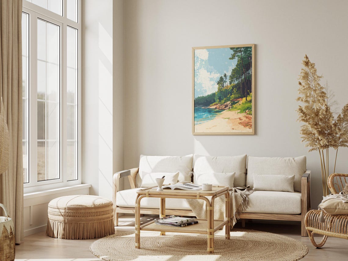 Sandy Beach Cove with Turquoise Water Pine Forest Art Poster - Image 3