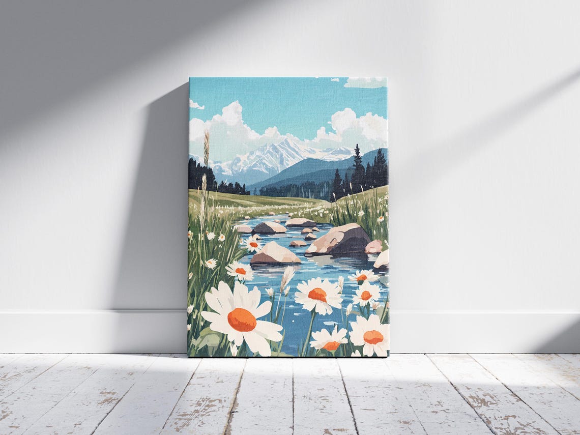 Mountain Stream With Daisies Rocky Creek Snowy Peaks Art Poster - Image 2