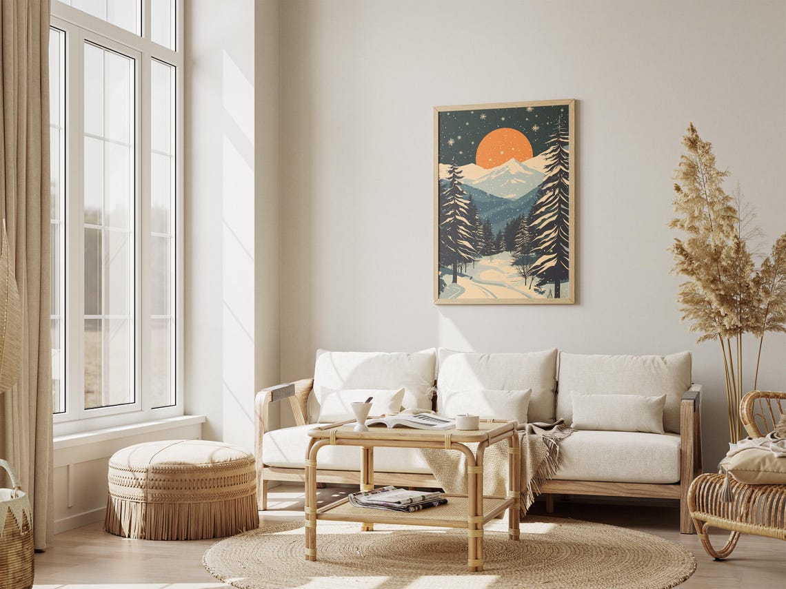 Snowy Pine Forest Under an Orange Moon in Falling Snow Poster - Image 4