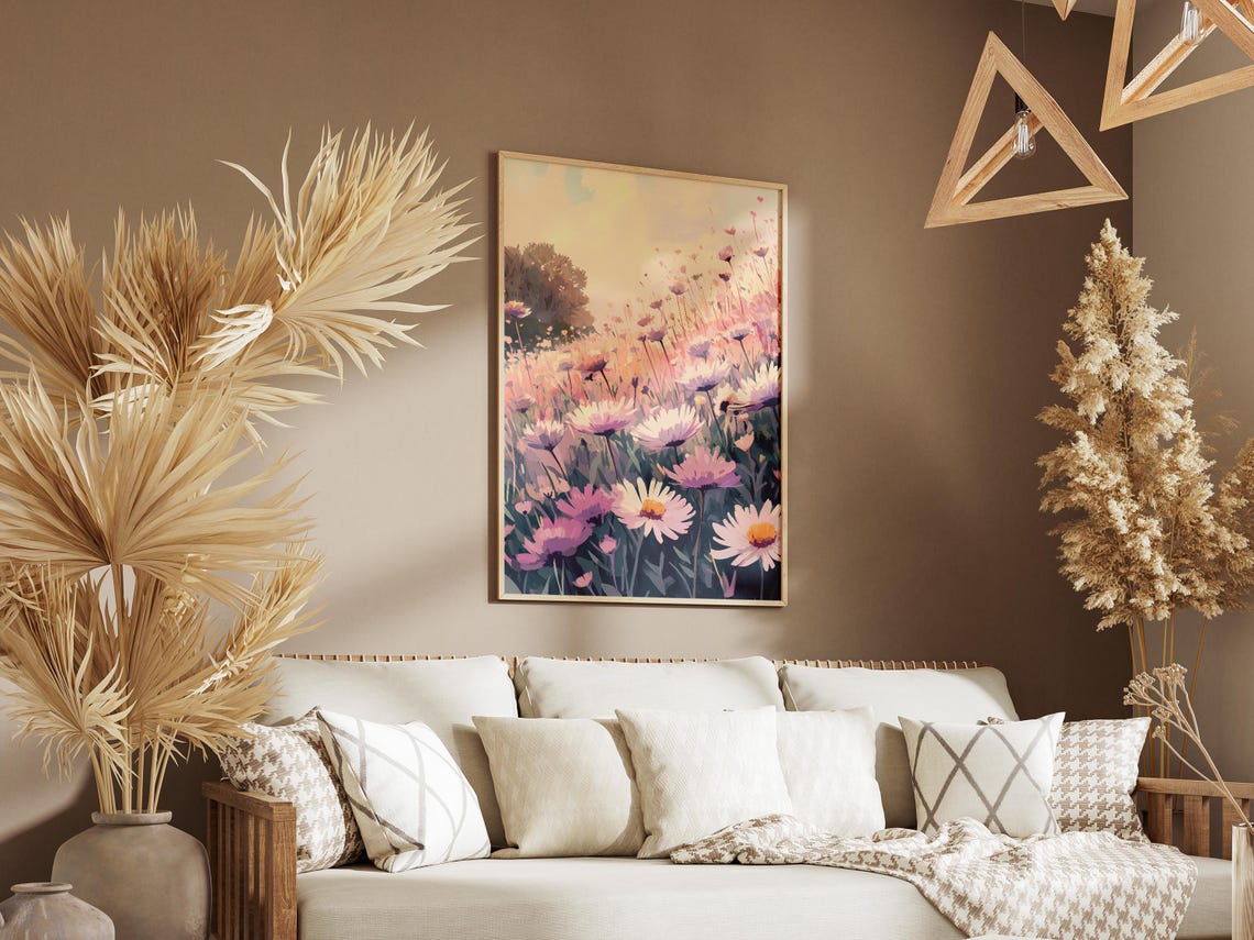 Pink Daisy Meadow At Sunrise Soft Impressionistic Floral Poster - Image 3