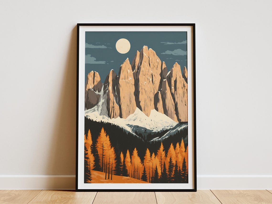 Dolomites Italy Moonrise Over Jagged Peaks and Orange Pines Poster