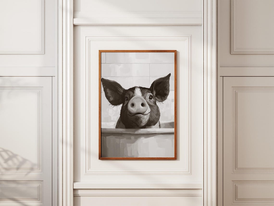 Pig In Bathtub Poster Funny Black And White Bathroom Wall Decor - Image 2