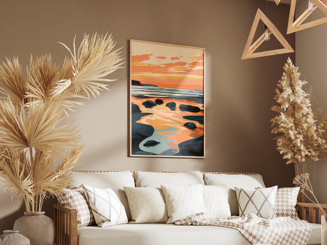 Sunset Tidal Pools Orange Teal Minimalist Coastal Illustration Poster - Image 3