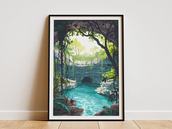 Yucatan Cenote Mexico Travel Poster Minimalist Art Print Jungle Nature Illustration Wall Decor